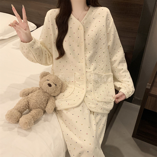 波点睡衣女款2025新款冬加厚空气棉夹层巨好看的家居服套装可外穿