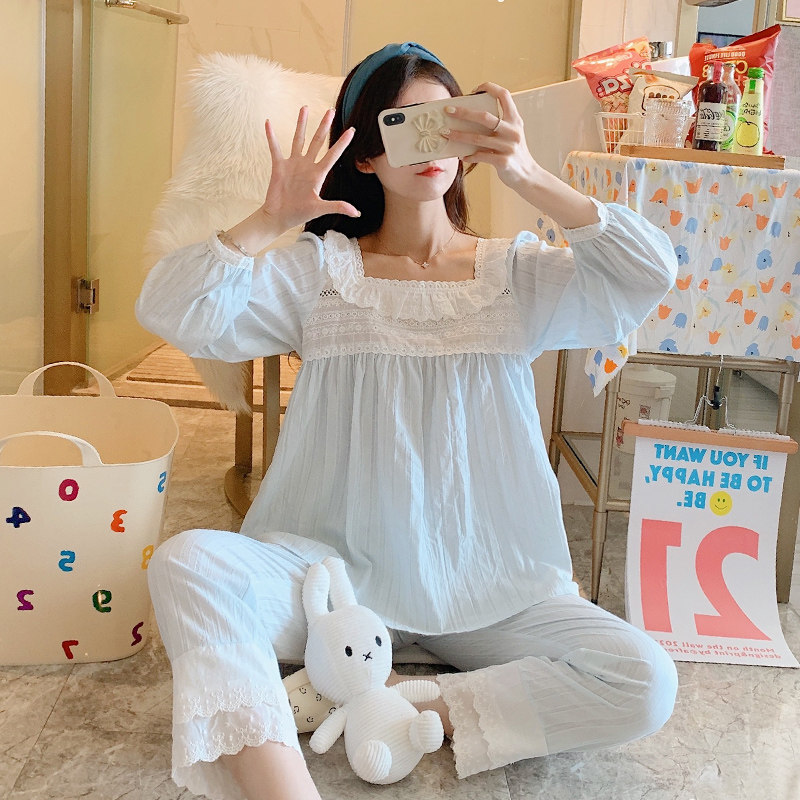 韩国公主风睡衣女春秋纯棉长袖可爱花边方领两件套装家居服冬薄款