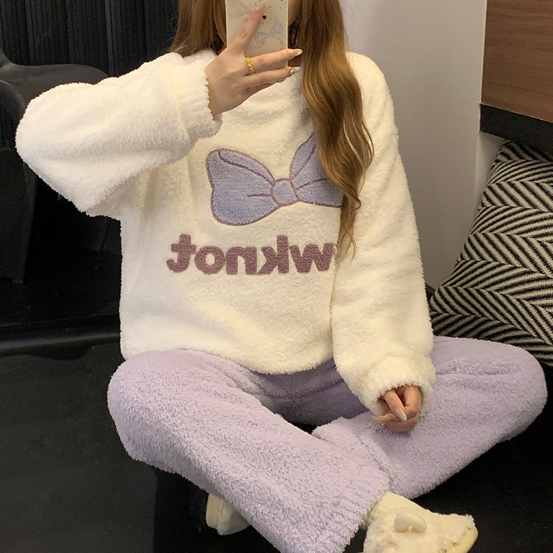 蝴蝶结睡衣女冬季半边绒加厚保暖
