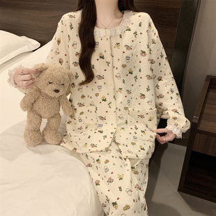 冬季小碎花睡衣女款冬2025新款空气棉夹层开衫套装保暖家居服冬天