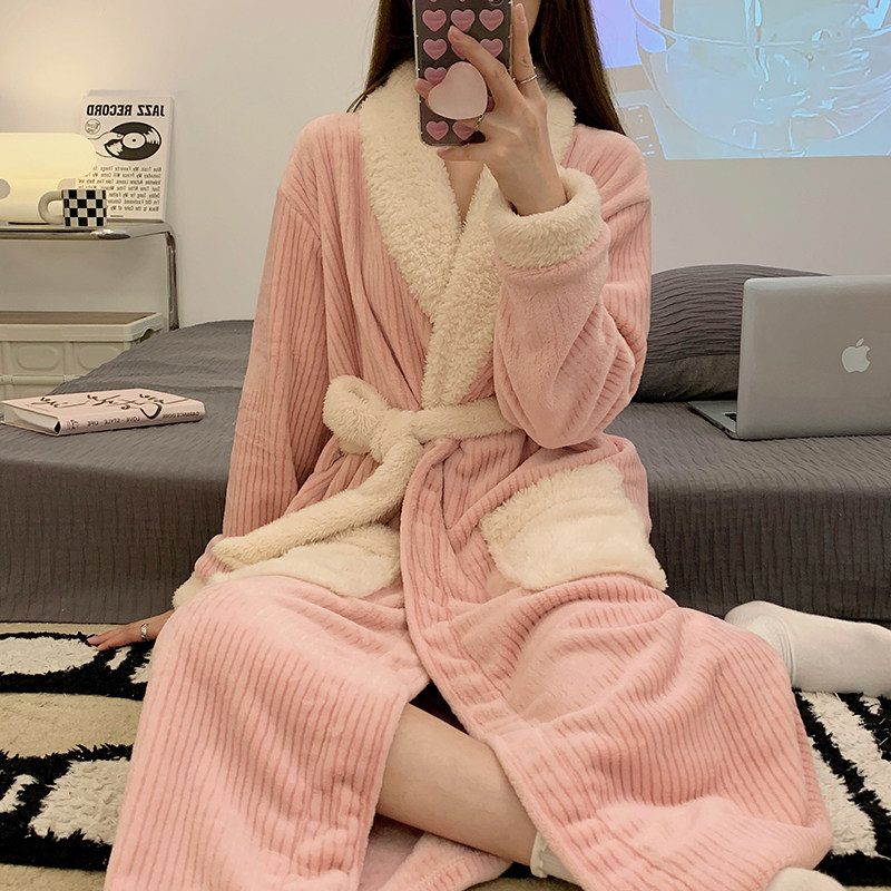 珊瑚绒加厚睡袍女秋冬加绒保暖甜美公主睡衣长款浴袍法兰绒家居服