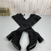 2022秋冬季 黑色性感高筒靴女高跟粗跟真皮羊反绒过膝长筒女靴 新款