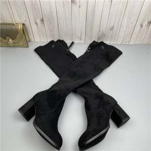 2022秋冬季新款黑色性感高筒靴女高跟粗跟真皮羊反绒过膝长筒女靴