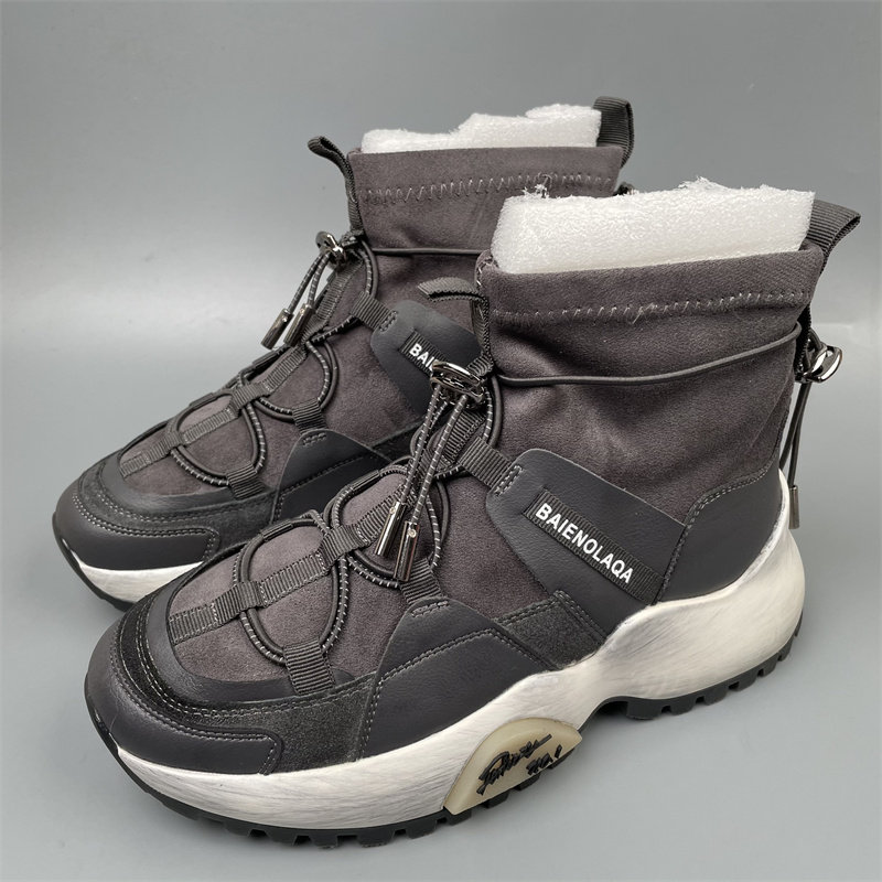 品牌36真皮运动风厚底高帮鞋女加绒保暖交叉绑带圆头休闲鞋厚底鞋