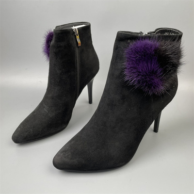 真羊皮欧美风黑色尖头细跟短靴女