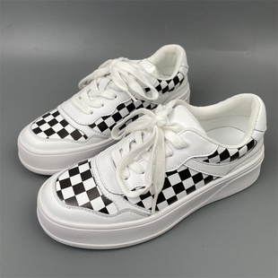 潮 女百搭舒适小白鞋 撤柜品牌35码 真皮休闲运动风黑白格子厚底板鞋