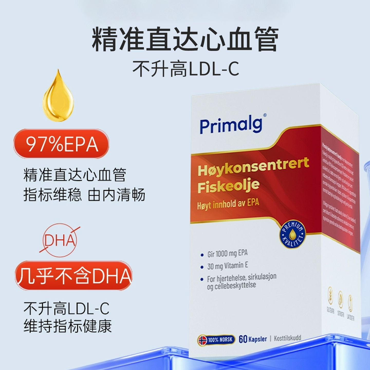 经典Primalg挪威高纯Omega-3深海97%高纯epa鱼油心血管调情绪60粒