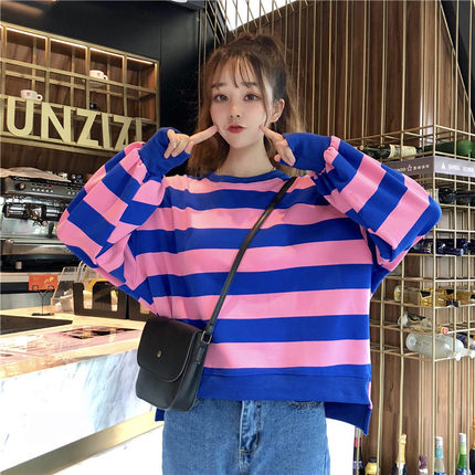 条纹长袖卫衣女2024年春秋新款宽松慵懒风叠穿套头设计感上衣外套