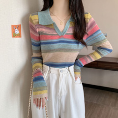 甜飒风针织开衫女初秋薄款彩虹条纹外搭毛衣时尚洋气时髦短款上衣