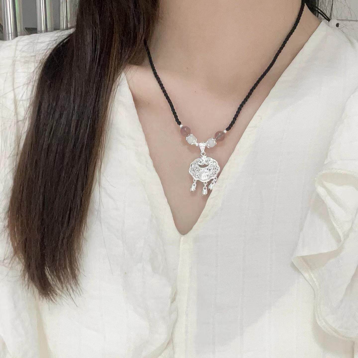 平安锁纯银999足银编织项链女