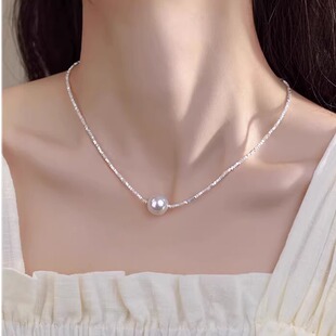 纯银999碎银几两碎银子项链天然珍珠吊坠足银小方块锁骨链礼物