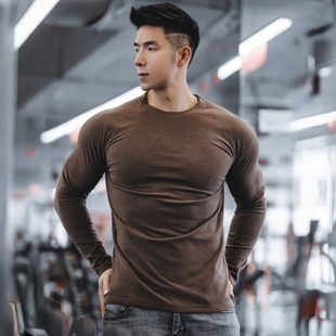 秋冬新款运动休闲长袖男士圆领纯色加厚德绒打底衫弹力健身上衣服
