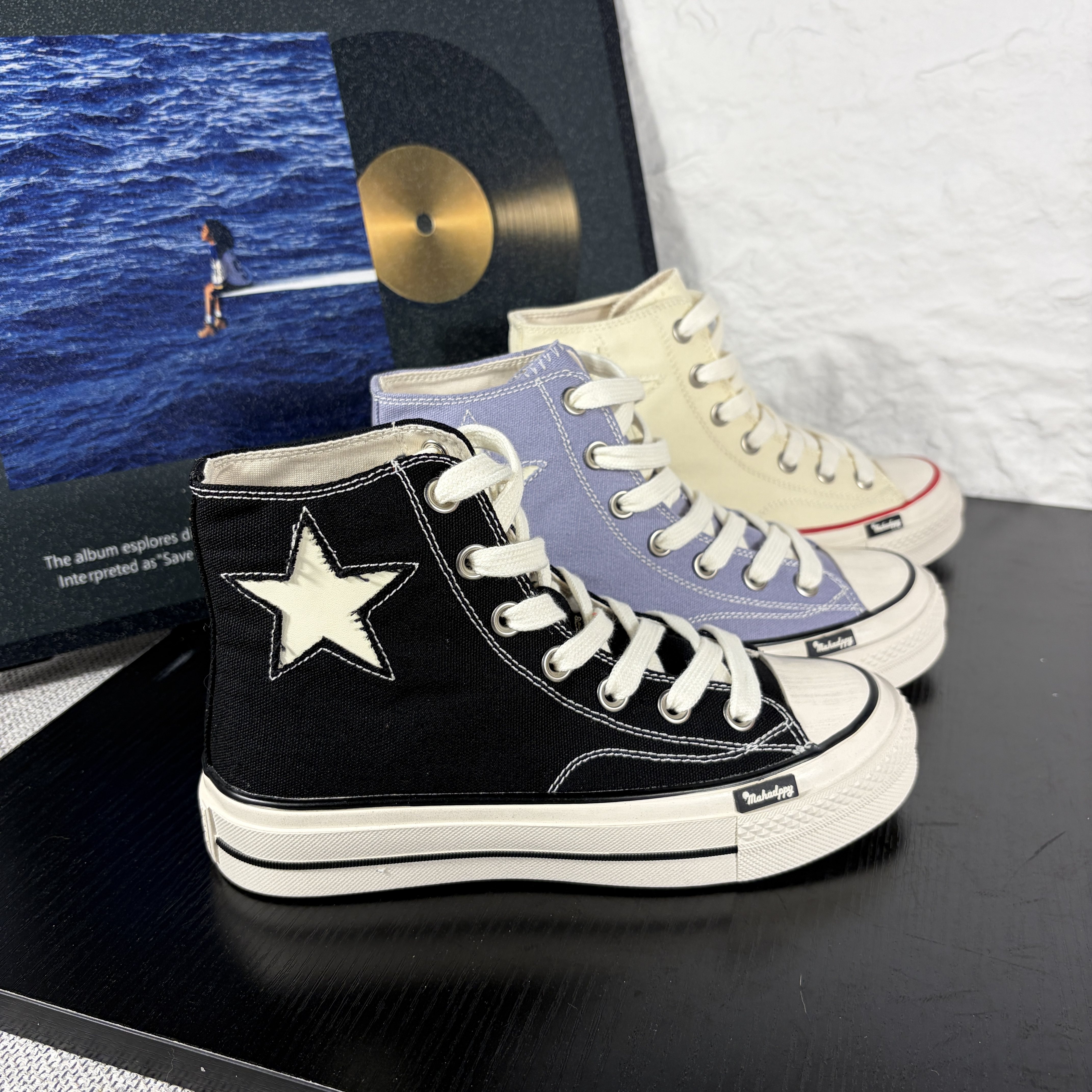 故意做旧中高帮帆布鞋女款厚底爆款星星图案交叉绑带黑色春秋季