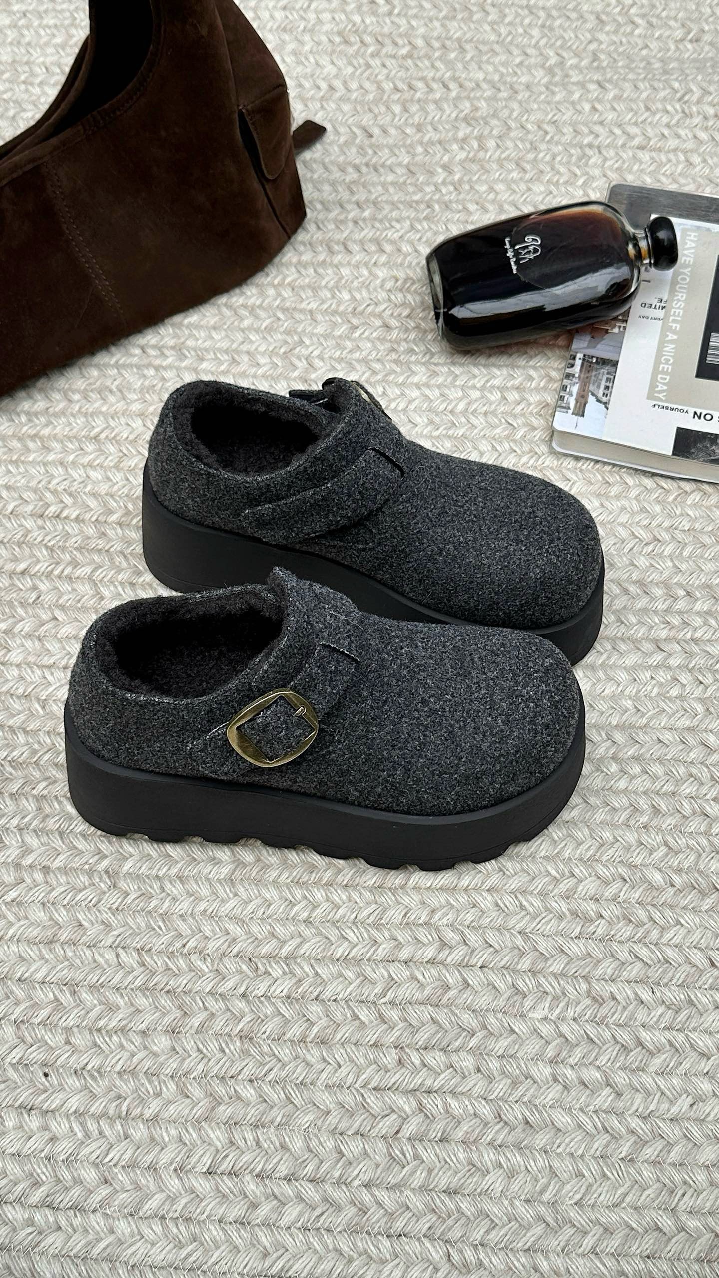 质感毛呢厚底勃肯鞋女2025新款冬季加绒保暖毛毛棉鞋一脚蹬懒人