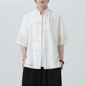 刺绣汉服风夏季轻薄亚麻短袖衬衫男新中式唐装A321-C650-P65图片
