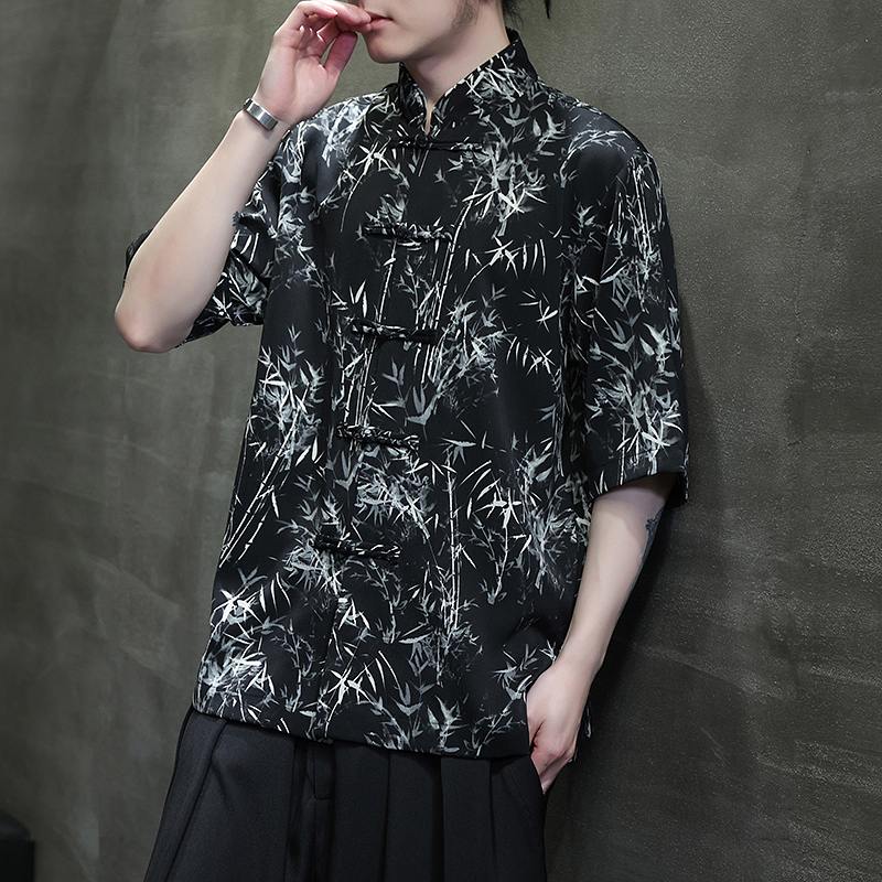 风夏季水墨印花薄款透气短袖新中式盘扣衬衫A321-C636-P50，男装衬衫，电商A321-1（原钱塘6020）