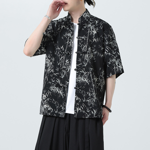 风夏季水墨印花薄款透气短袖新中式盘扣衬衫A321-C636-P50图片