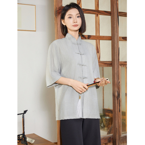 风唐装柳染亚麻短袖衬衫轻薄透气新中式汉服A321-1-C651-P75图片