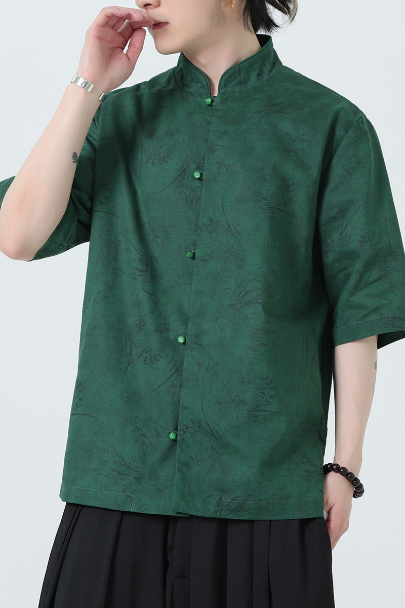 风夏季亚麻透气衬衫印花中式唐装汉服衬衣A321-1-C656-P75,男装衬衫,电商A321-1（原钱塘6020）