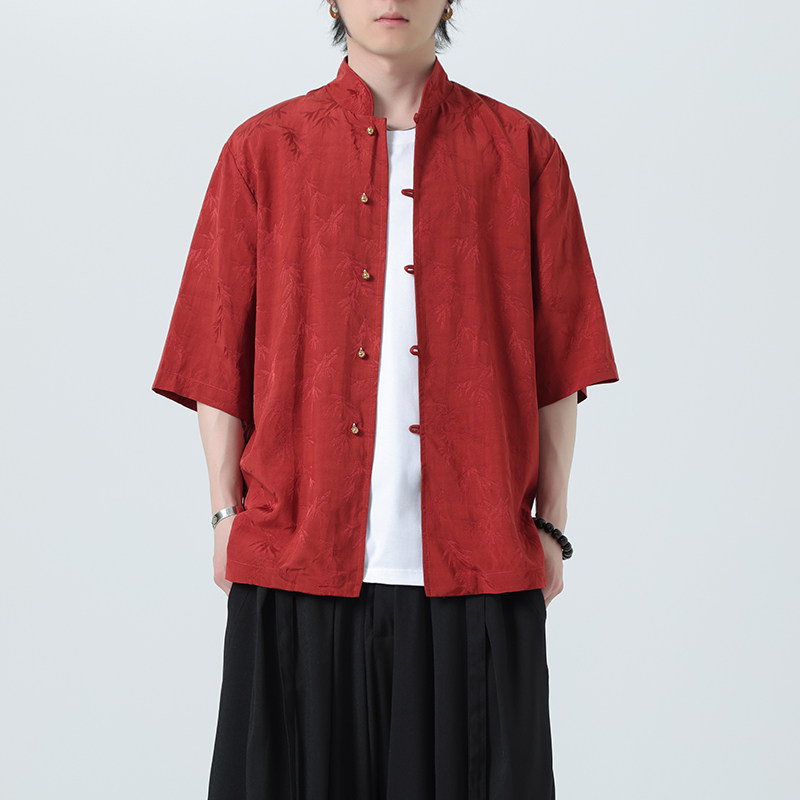 风薄款透气提花休闲铜扣中式复古立领衬衫A321-1-C652-P70,男装衬衫,电商A321-1（原钱塘6020）
