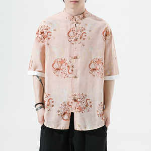 风夏季短袖衬衫汉服休闲大码印花男上衣唐装A321-1-C628-P50