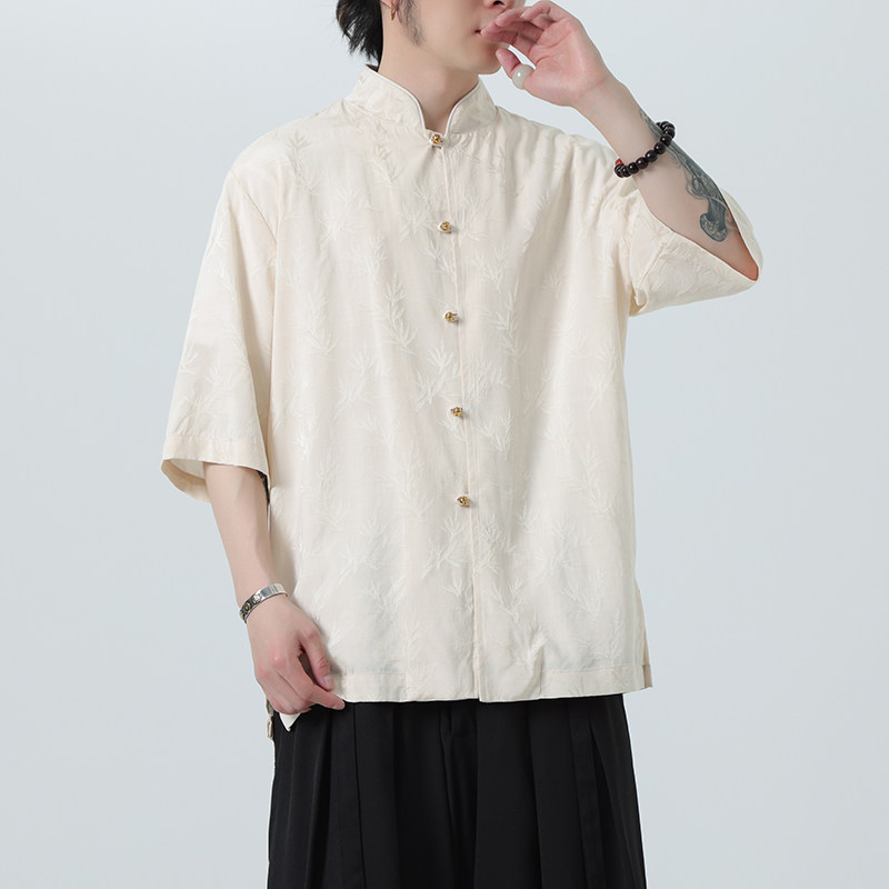 风薄款透气提花休闲铜扣中式复古立领衬衫A321-1-C652-P70,男装衬衫,电商A321-1（原钱塘6020）