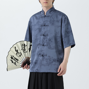风冰丝短袖水墨印花中式休闲唐装大码衬衫A321-1-C662-P70图片