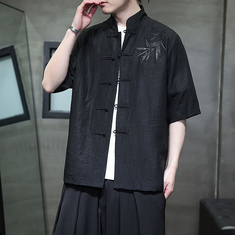 刺绣汉服风夏季轻薄亚麻短袖衬衫男新中式唐装A321-C650-P65,男装衬衫,电商A321-1（原钱塘6020）