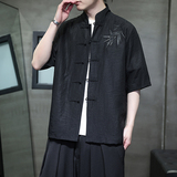 刺绣汉服风夏季轻薄亚麻短袖衬衫男新中式唐装A321-C650-P65，男装衬衫，电商A321-1（原钱塘6020）