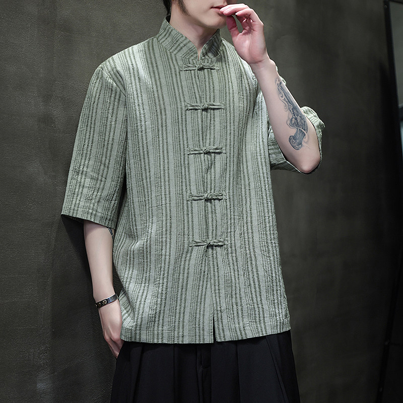 风衬衫男夏季大码中式棉麻衬衣唐装上衣汉服A321-1-C657-P70,男装衬衫,电商A321-1（原钱塘6020）