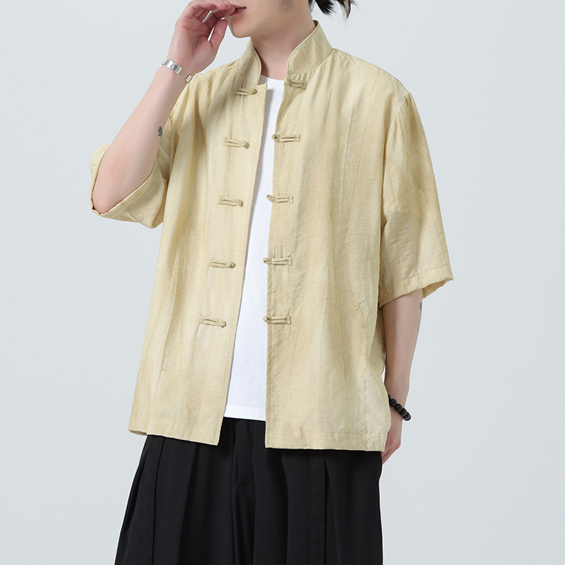 风唐装柳染亚麻短袖衬衫轻薄透气新中式汉服A321-1-C651-P75,男装衬衫,电商A321-1（原钱塘6020）