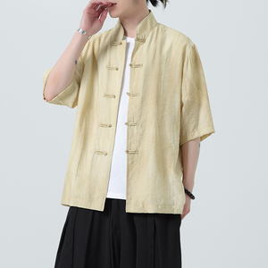 风唐装柳染亚麻短袖衬衫轻薄透气新中式汉服A321-1-C651-P75