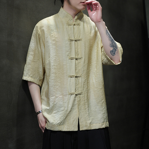 风唐装柳染亚麻短袖衬衫轻薄透气新中式汉服A321-1-C651-P75图片