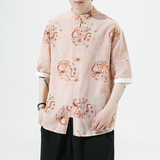 风夏季短袖衬衫汉服休闲大码印花男上衣唐装A321-1-C628-P50，男装衬衫，电商A321-1（原钱塘6020）