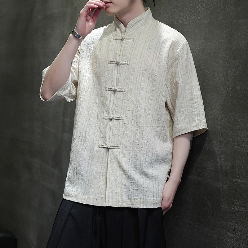 风衬衫男夏季大码中式棉麻衬衣唐装上衣汉服A321-1-C657-P70，男装衬衫，电商A321-1（原钱塘6020）