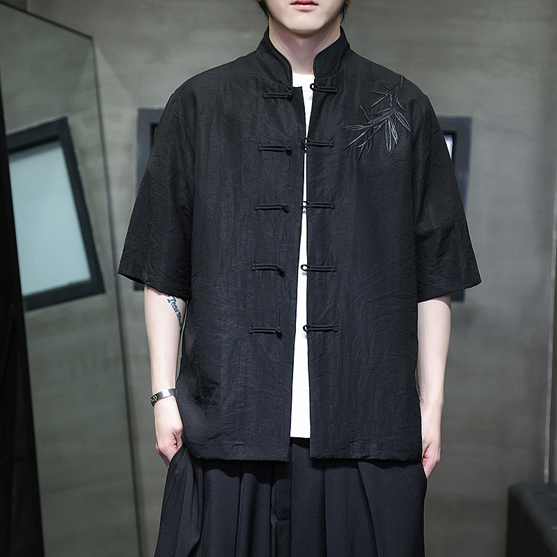 刺绣汉服风夏季轻薄亚麻短袖衬衫男新中式唐装A321-C650-P65图片