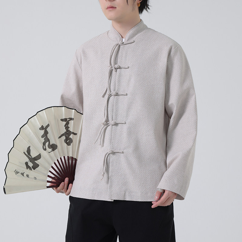 唐装春夏风古风棉麻汉服盘扣亚麻长袖衬衫A321-1-C633-P75,男装衬衫,电商A321-1（原钱塘6020）