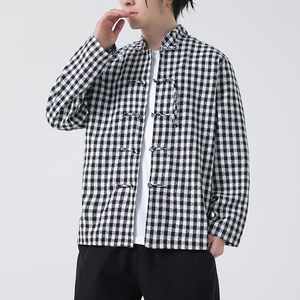春夏中式亚麻棉麻啊格子长袖衬衫大码风汉服A321-1-C632-P75图片