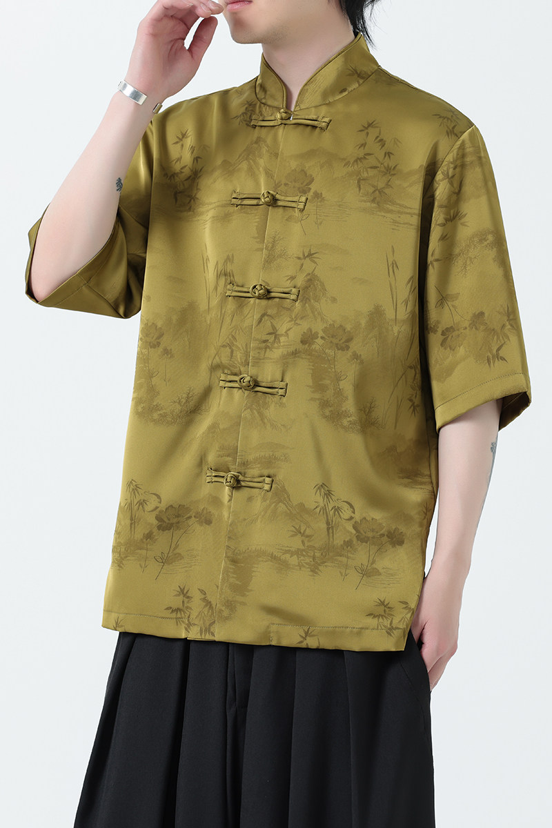 风冰丝短袖水墨印花中式休闲唐装大码衬衫A321-1-C662-P70,男装衬衫,电商A321-1（原钱塘6020）