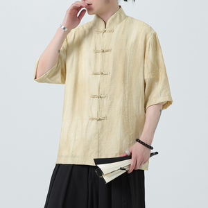 风唐装柳染亚麻短袖衬衫轻薄透气新中式汉服A321-1-C651-P75图片