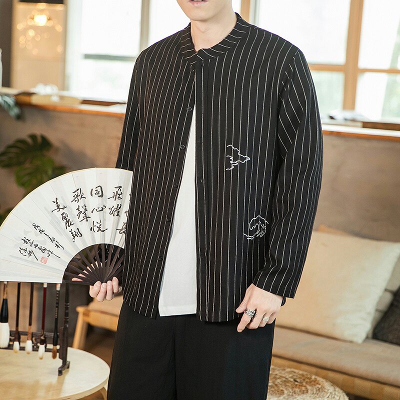 风男装刺绣复古亚长袖衬衫竖条纹立领衬衣A321-1-C625-P65图片