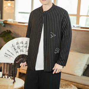 风男装刺绣复古亚长袖衬衫竖条纹立领衬衣A321-1-C625-P65图片