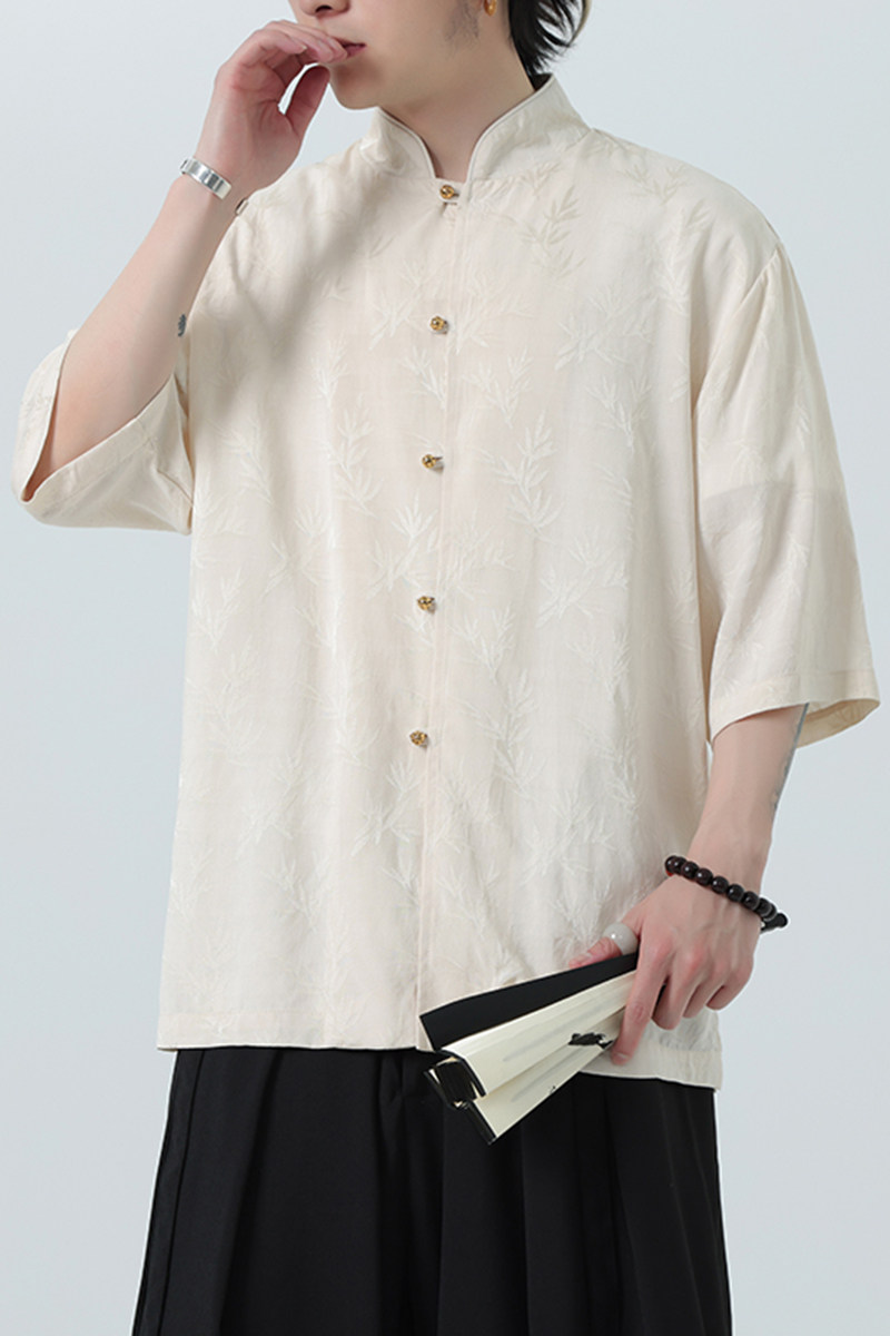 风薄款透气提花休闲铜扣中式复古立领衬衫A321-1-C652-P70,男装衬衫,电商A321-1（原钱塘6020）