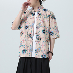 中式盘扣印花衬衫大码宽松风夏季休闲衬衣A321-C635-P60