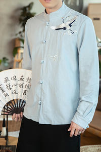 风男装刺绣棉麻长袖衬衫中式盘扣立领唐装A321-1-C626-P70图片