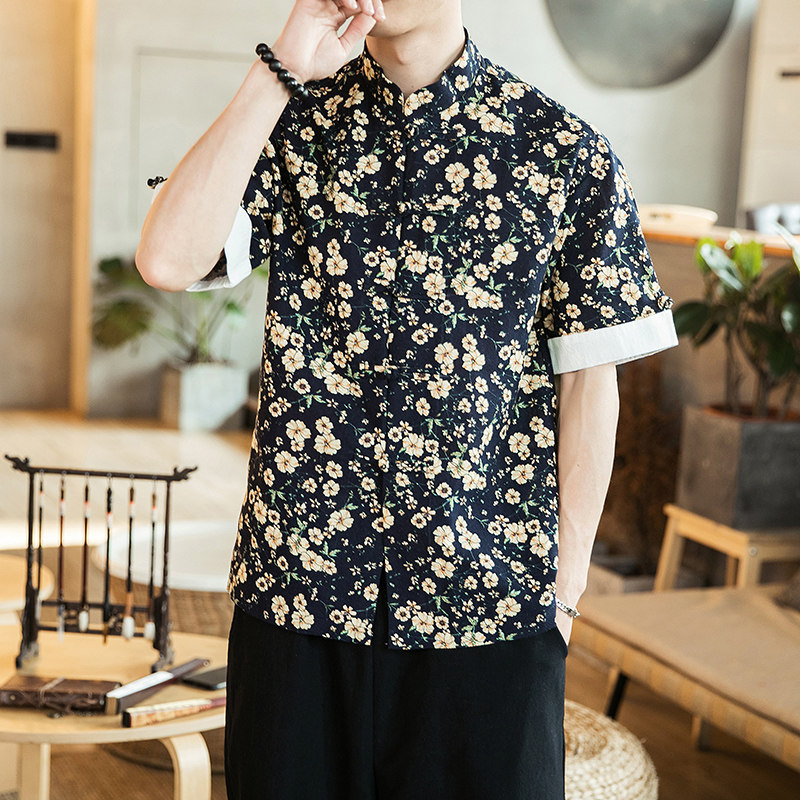 唐装短袖衬衫中式盘扣衬衣风亚衬衫A321-1-C617-P50,男装衬衫,电商A321-1（原钱塘6020）