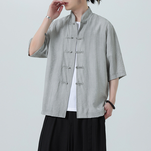 风唐装柳染亚麻短袖衬衫轻薄透气新中式汉服A321-1-C651-P75图片