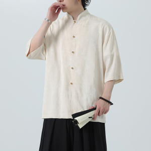 风薄款透气提花休闲铜扣中式复古立领衬衫A321-1-C652-P70图片