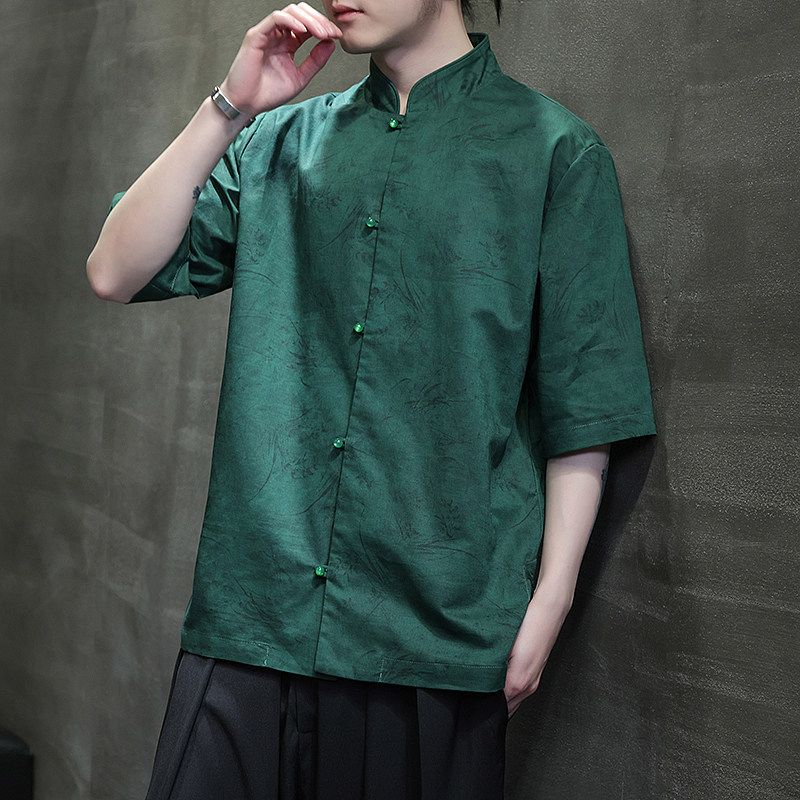 风夏季亚麻透气衬衫印花中式唐装汉服衬衣A321-1-C656-P75图片