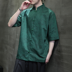 风夏季亚麻透气衬衫印花中式唐装汉服衬衣A321-1-C656-P75图片